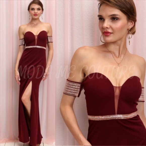 Burgundy Formal Gown Off Shoulder - Picture 2 of 3